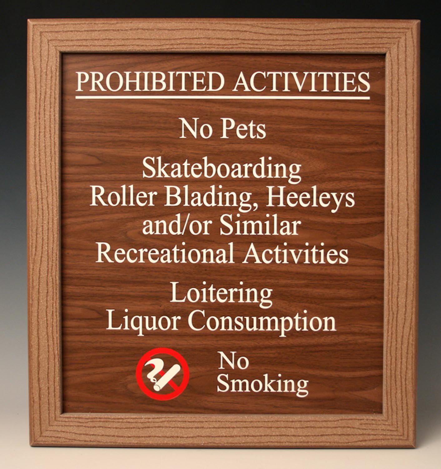 Sign made from engraving laminate, paint-filled, in a frame constructed from TREX decking material