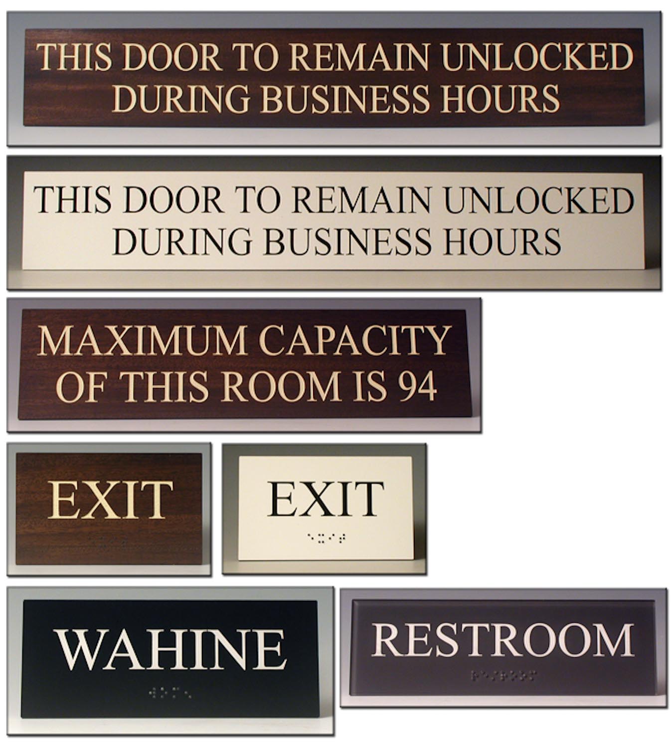 Various signs made for a golf clubhouse. Acrylic, laminate, paint and braille.