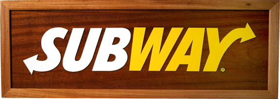 Subway Restaurant Sign at Keauhou Shopping Center, Big Island of Hawaii. All wood construction